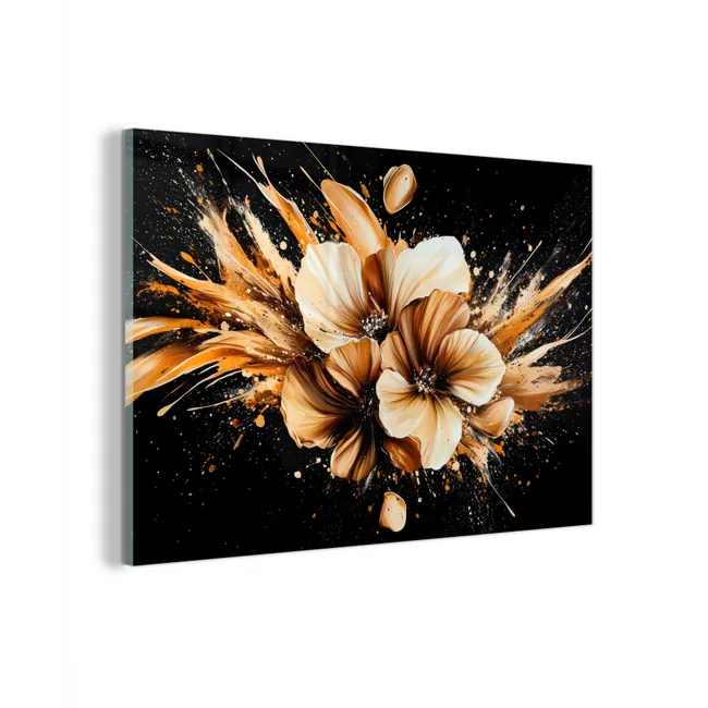 Glas schilderij - Bloemen - Goud - Graffiti - Zwart - Abstract
