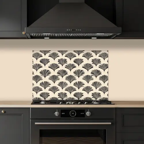 Waaiers - Botanisch - Zwart - Beige keuken achterwand spatscherm klein 900 -sfeer1