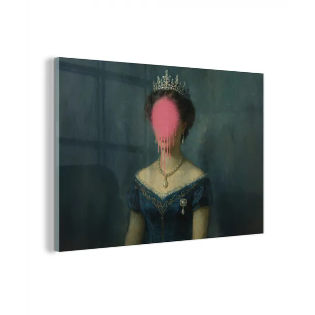 Glas schilderij - Kroon - Roze druipend verf - Portret
