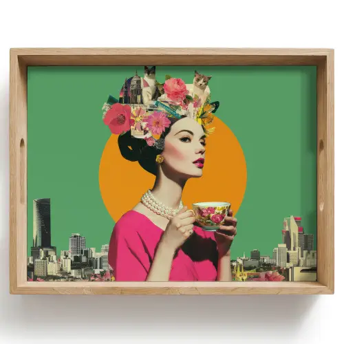Retro - Vrouw - Stad - Zon Dienblad Rechthoek middel -z3d_shopping