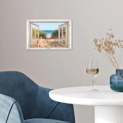 Doorkijk - Strand - Zee - Duinen - Zand - Water - Helmgras poster papier klein -sfeer3