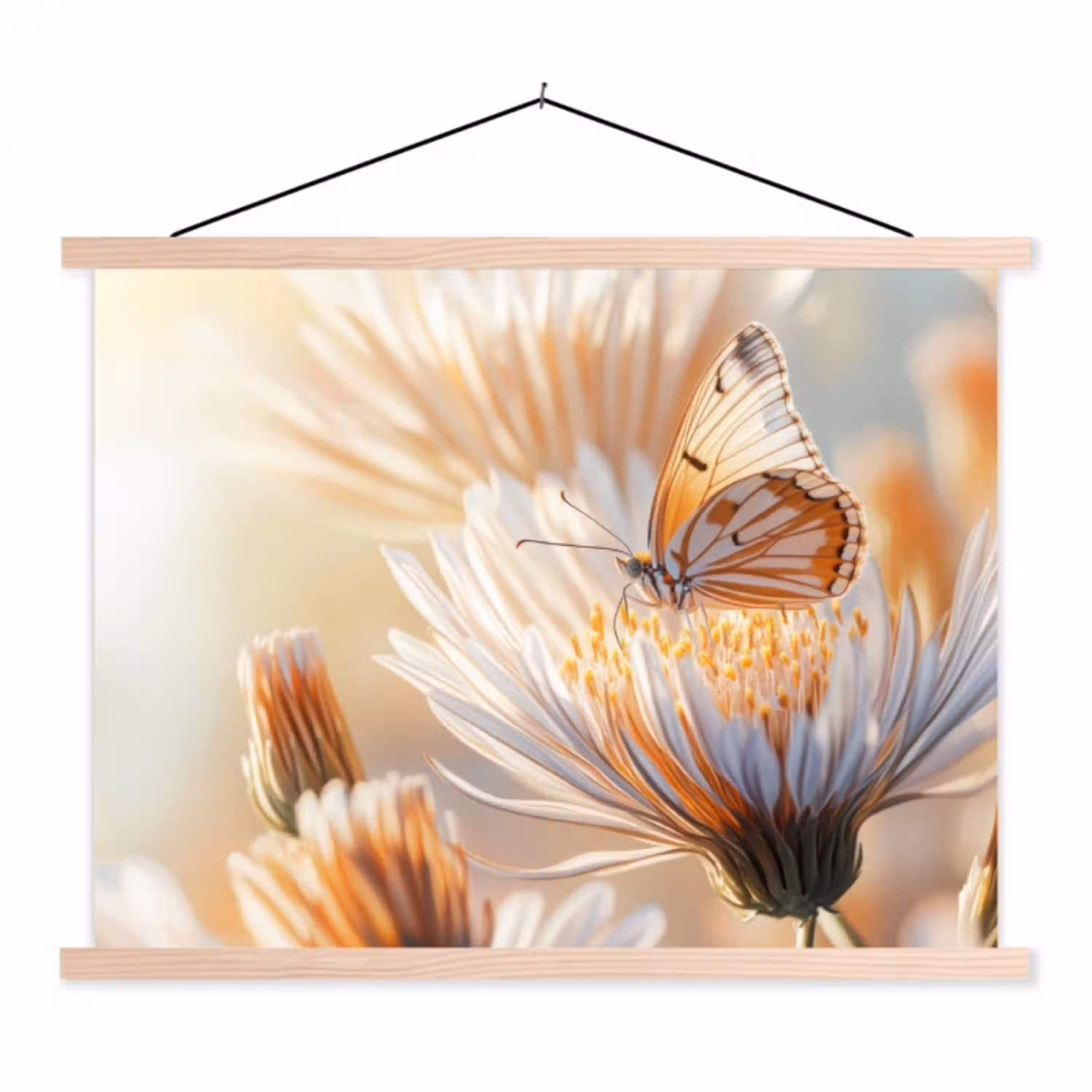 Vlinder - Bloem - Oranje textielposter latten blank klein -3d
