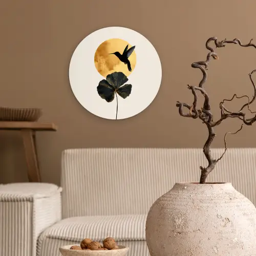 Zwarte kolibrie - Bloem - Gouden cirkel Wandcirkel kunststof plaat 5mm dik klein -sfeer1