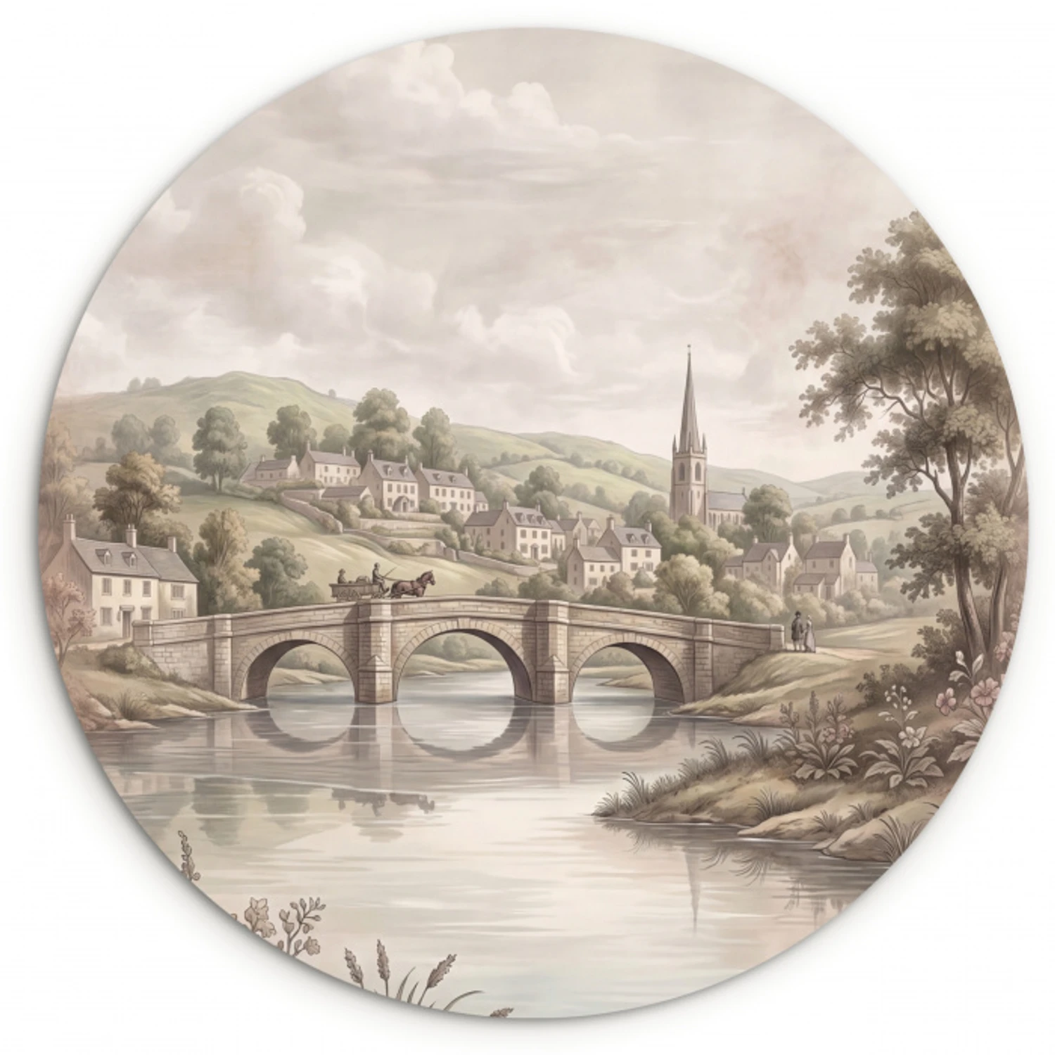 Dorp - Brug - Uitzicht - Groen Wandcirkel kunststof plaat 5mm dik klein -3d