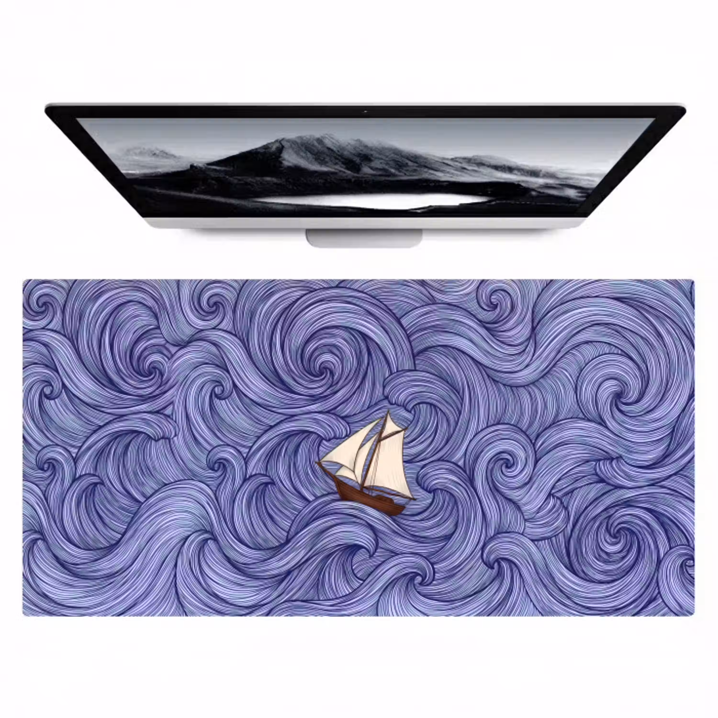 Schip - Golven - Zee - Illustratie - Blauw Muismat XXL klein -zzz3d