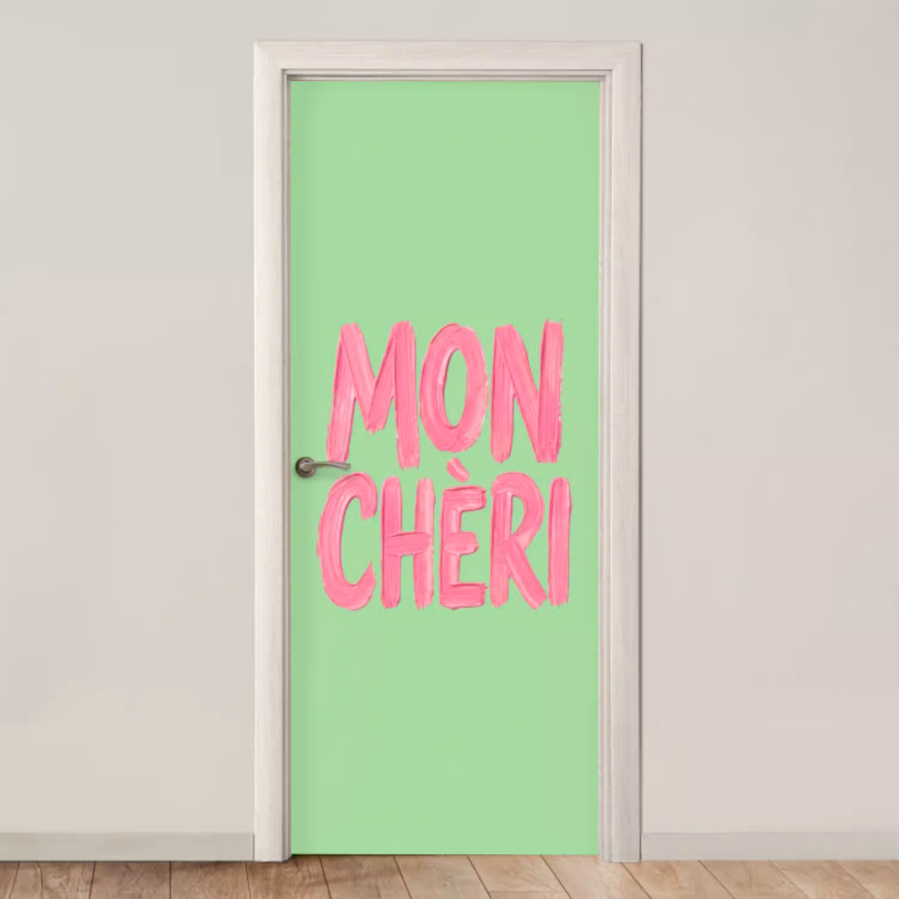 Mon cheri - Groen - Roze deurposter klein -3d_beige
