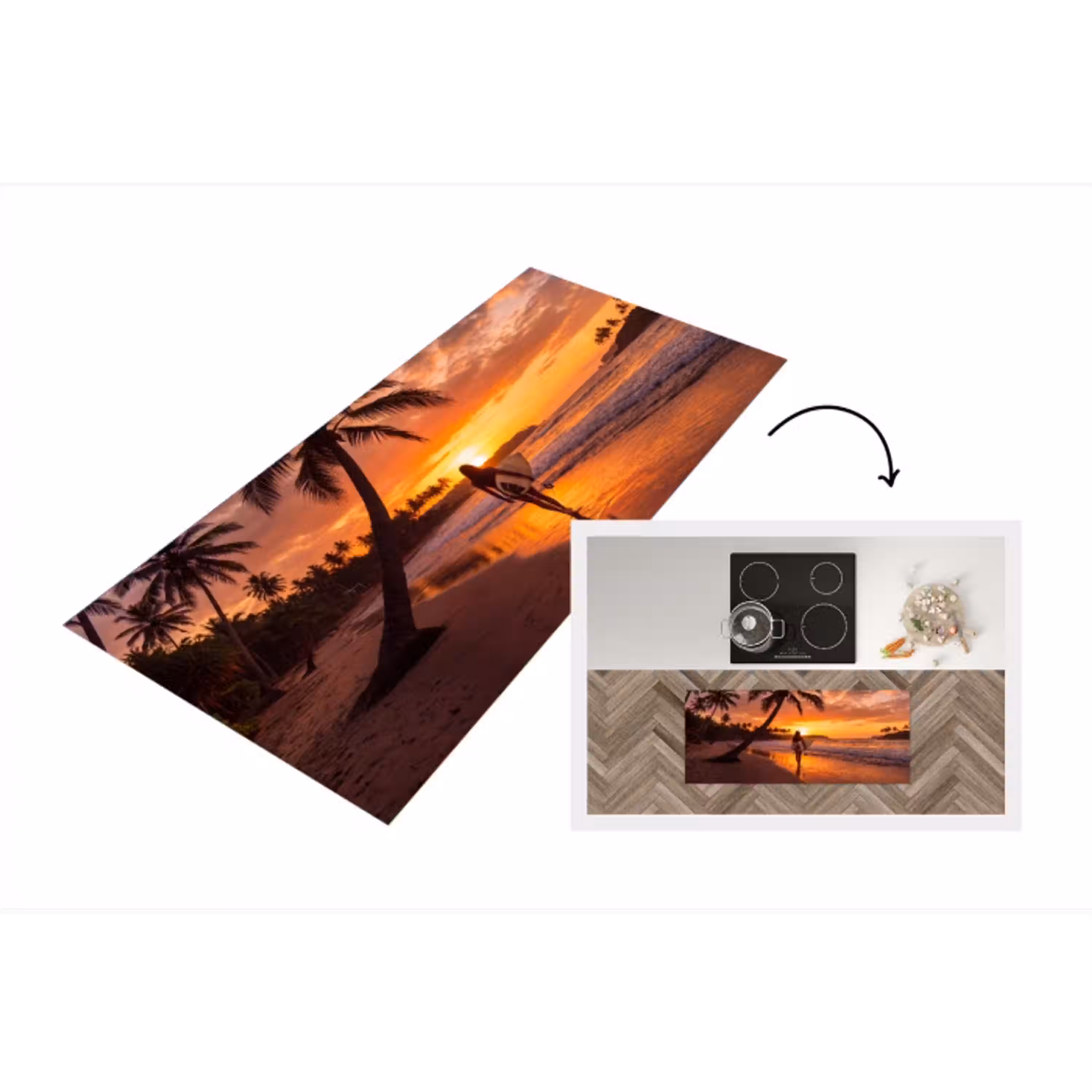 Vrouw - Surfplank - Strand - Zonsondergang - Oranje Keukenloper - keukenmat middel -3d