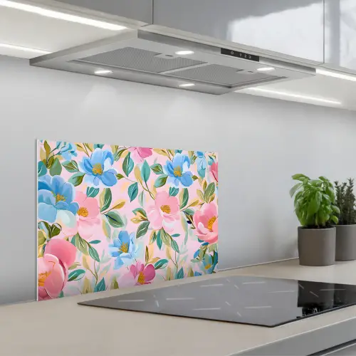 Blauw - Roze - Bloemen keuken achterwand spatscherm klein -3d_schuin