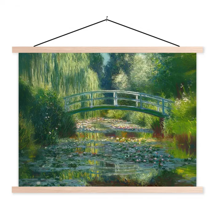 Brug - Hout - Vijver - Waterlelies textielposter latten blank klein -3d