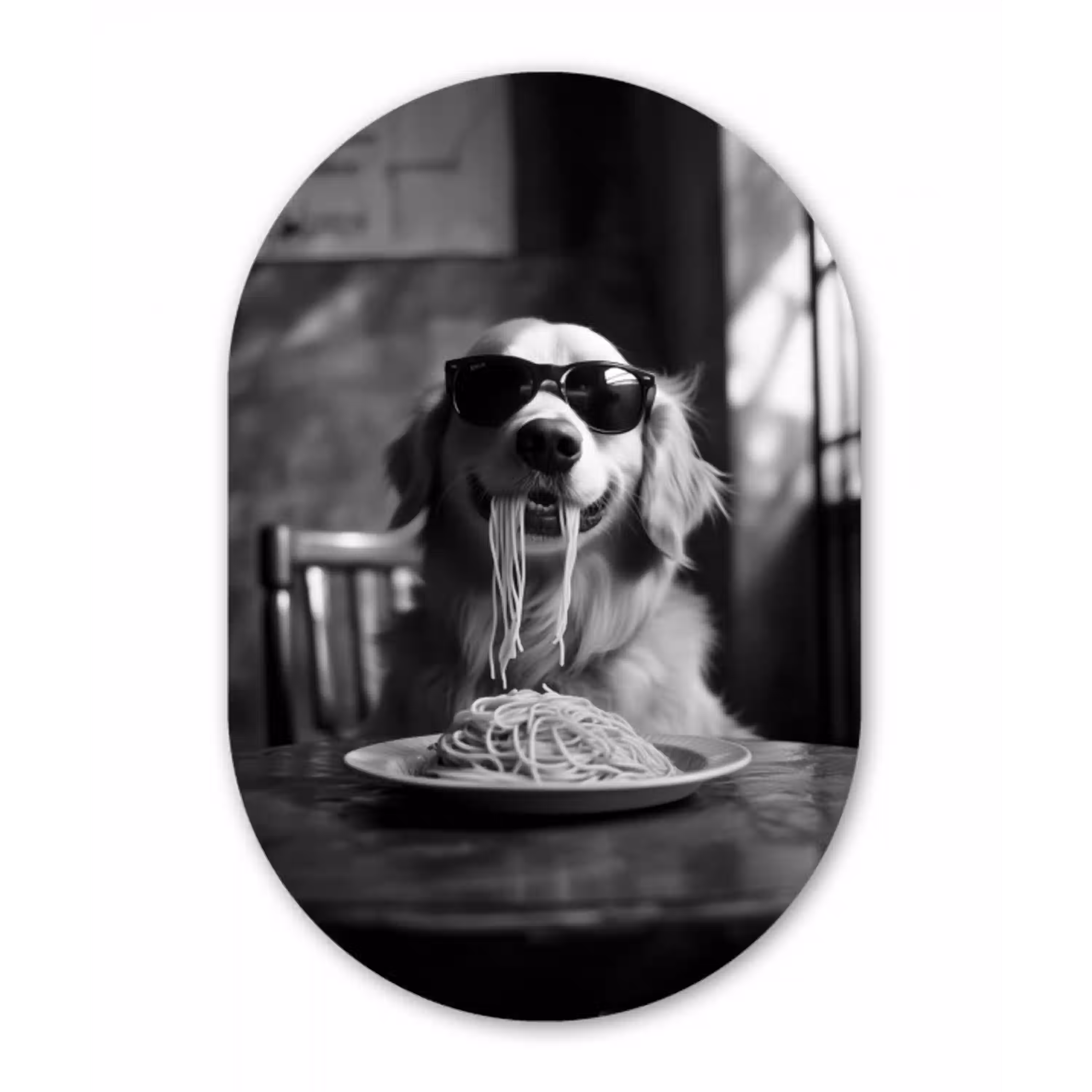 Golden Retriever - Hond - Vrolijk -  Bord spaghetti - Zwart - wit Wandcirkel Ovaal Glas middel -3d