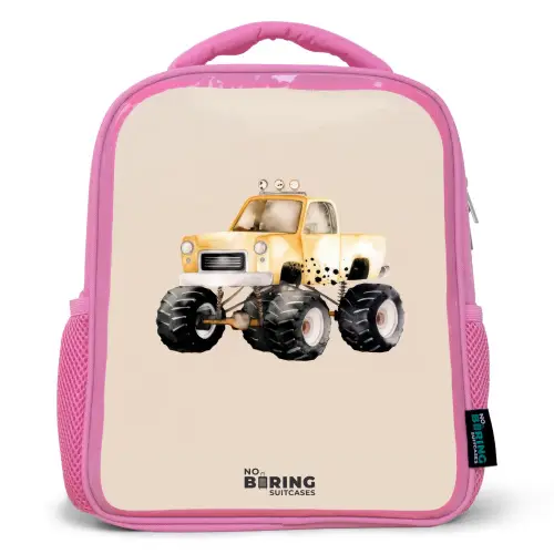 Gele monstertruck op een beige achtergrond Kinderrugzak - Roze middel -3d