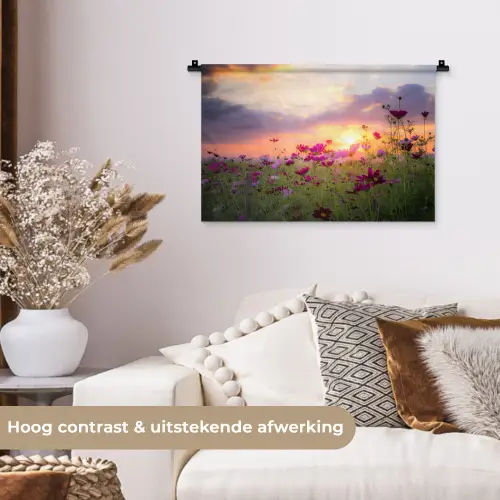 Bloemen - Roze - Zonsondergang - Natuur - Weide - Horizon Wandkleed katoen klein -sfeer1