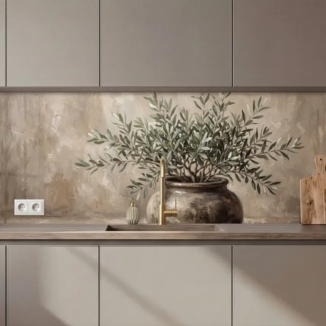 Keuken achterwand - Olijfplant - Aardenpot - Abstract - Beige