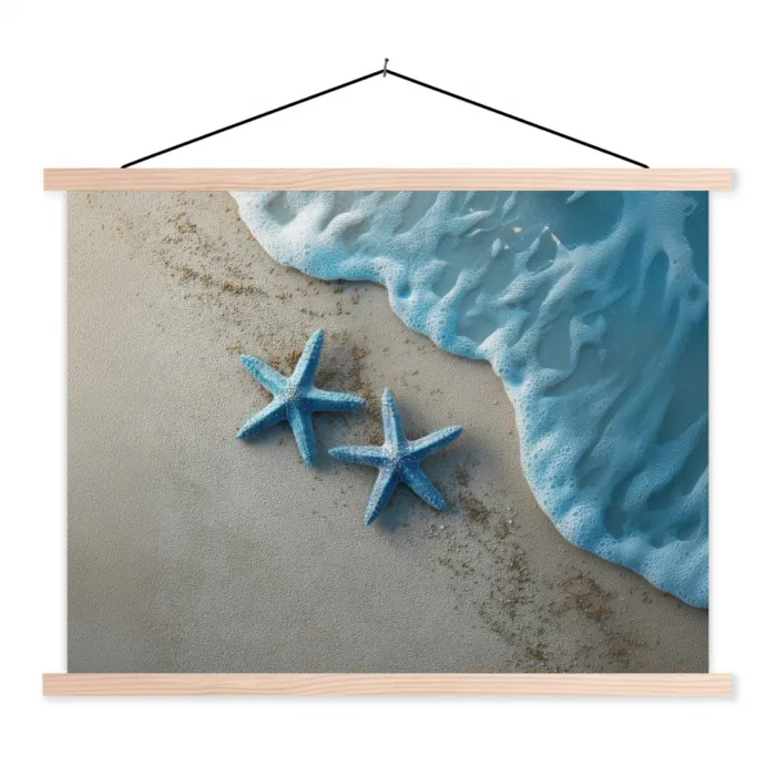Zeesterren - Zand - Zee - Blauw textielposter latten blank klein -3d