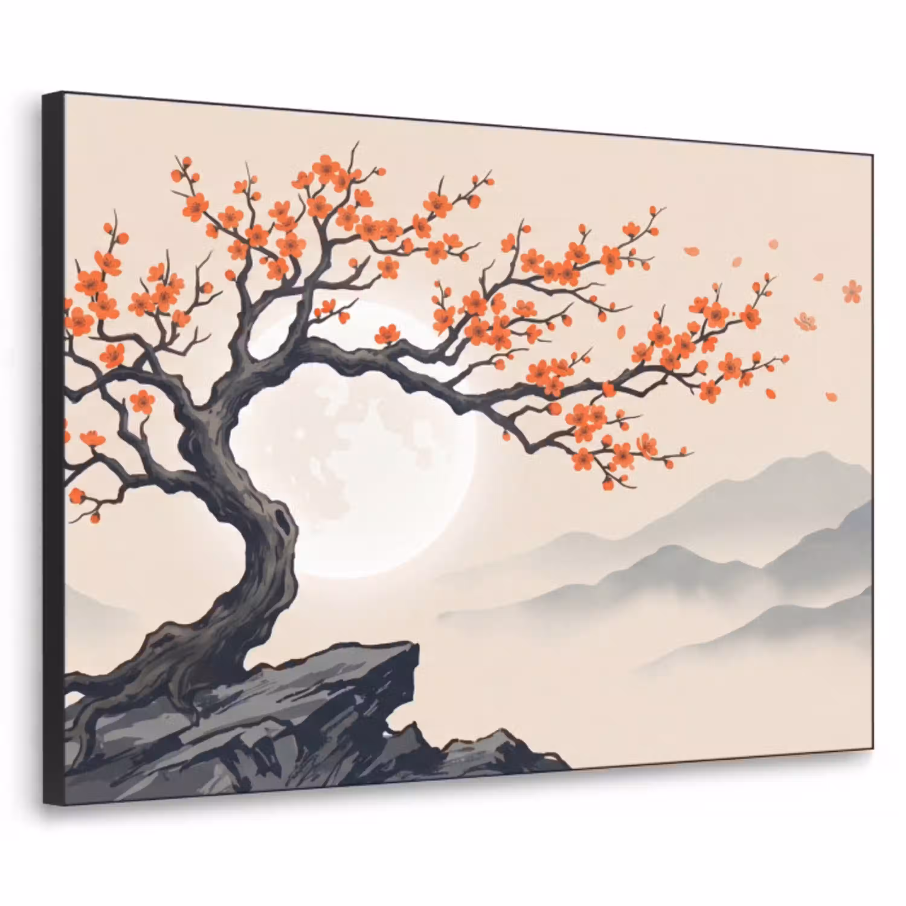 Aziatisch - Bloesem - Rood Textielframe zwart klein -3d