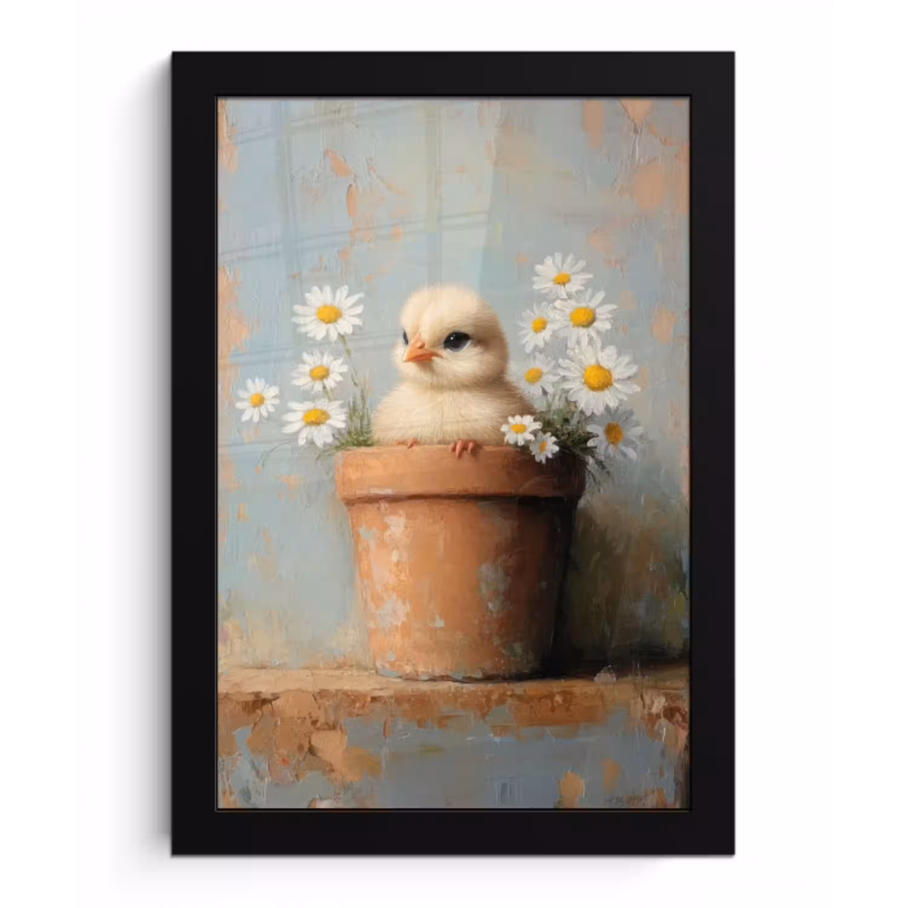 Bloempot - Kuiken - Bloemetjes fotolijst zwart zonder passe partout klein -3d