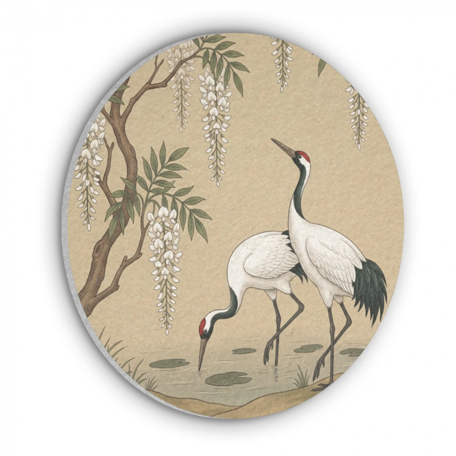 Kraanvogels - Water - Beige Akoestische PET Vilt - Rond klein -3d