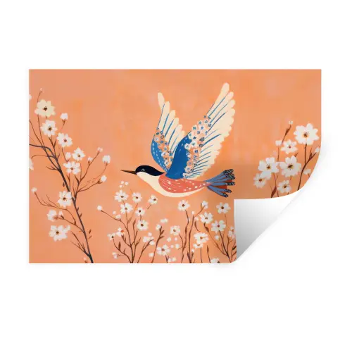 Vogel - Bloesemtakken - Warm - Kleurrijk Muursticker klein -3d