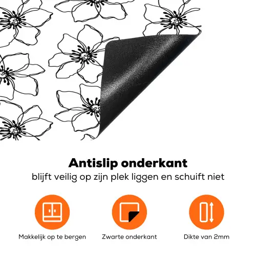 Bloemen - Patroon - Zwart - Wit Inductie beschermer vinyl 3mm klein 276 -zzzzzzz-td-onderkant