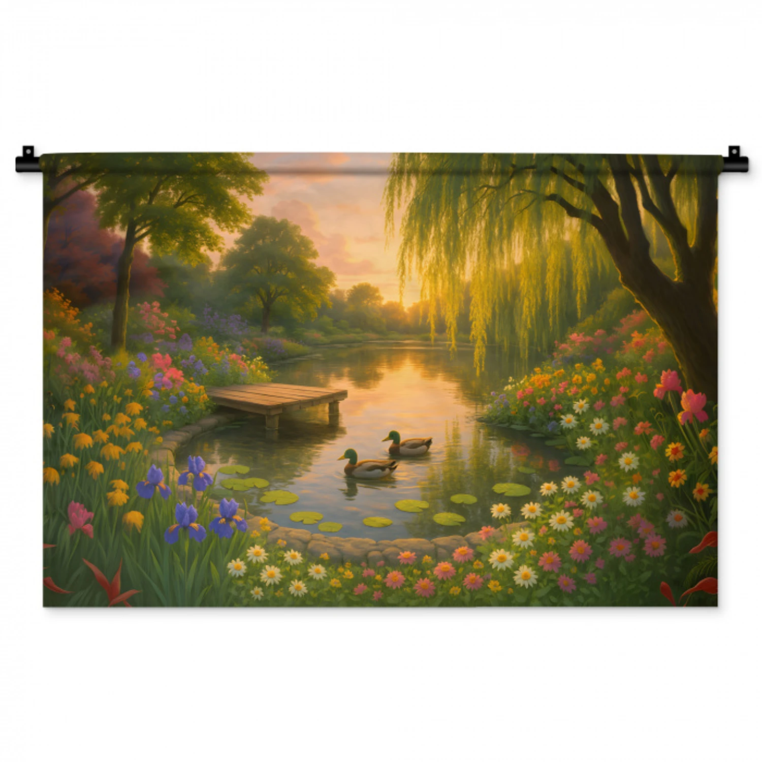 Eenden - Vijver - Bloemen Wandkleed katoen middel -zz3d