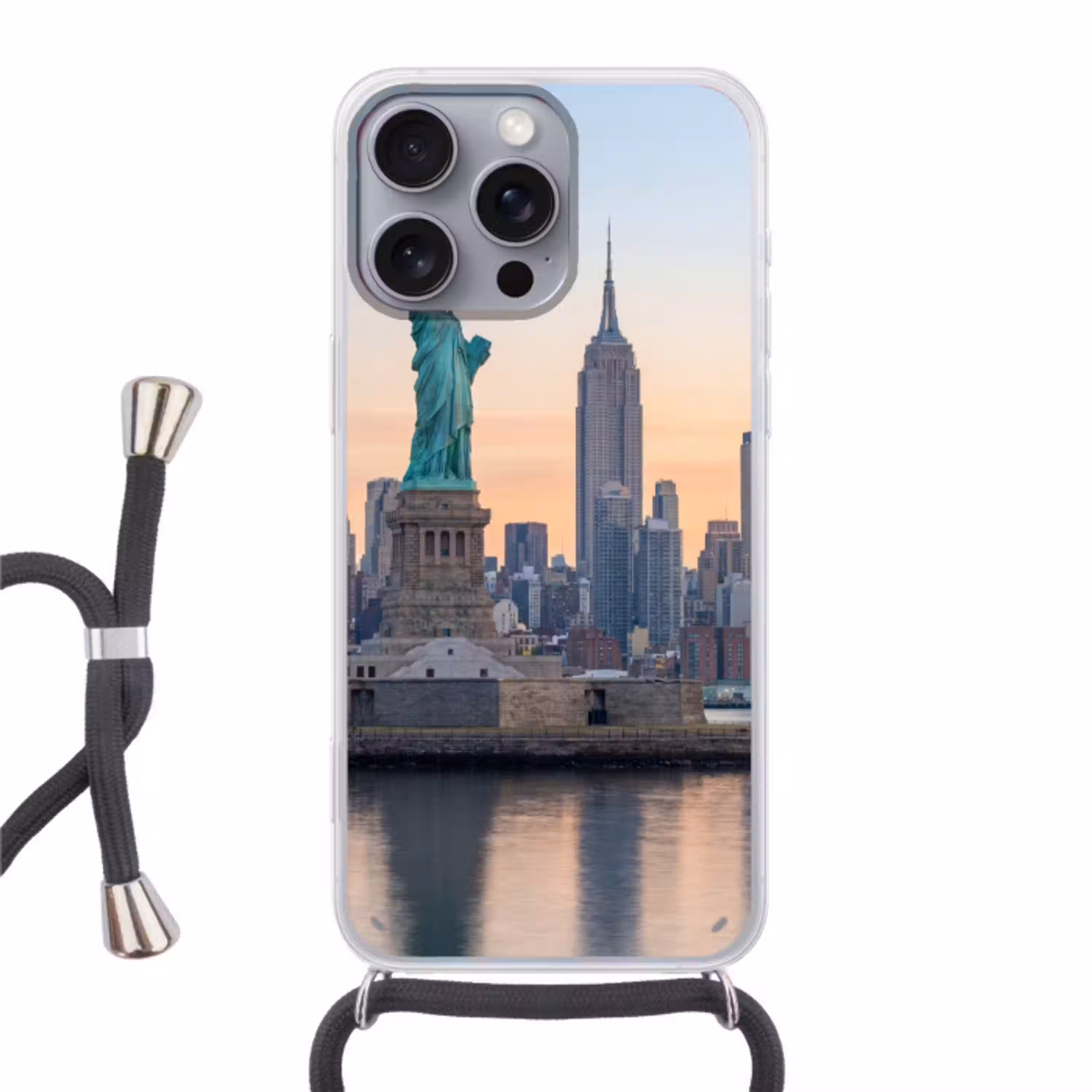 Vrijheidsbeeld - New York - Zonsopgang - Stad - Architectuur Hoesje iPhone 16 Pro Max met koord klein -3d