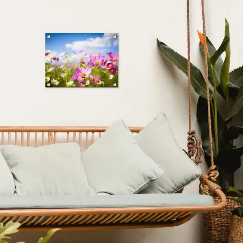 Bloemen - Wei - Paars - Gras - Wit - Wolken - Blauw tuinposter los doek klein -sfeer7