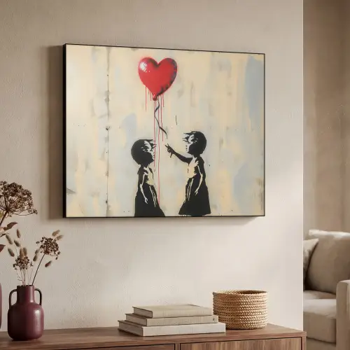 Street art - Banksy - Ballon - Graffiti - Hart Textielframe zwart klein -sfeer3