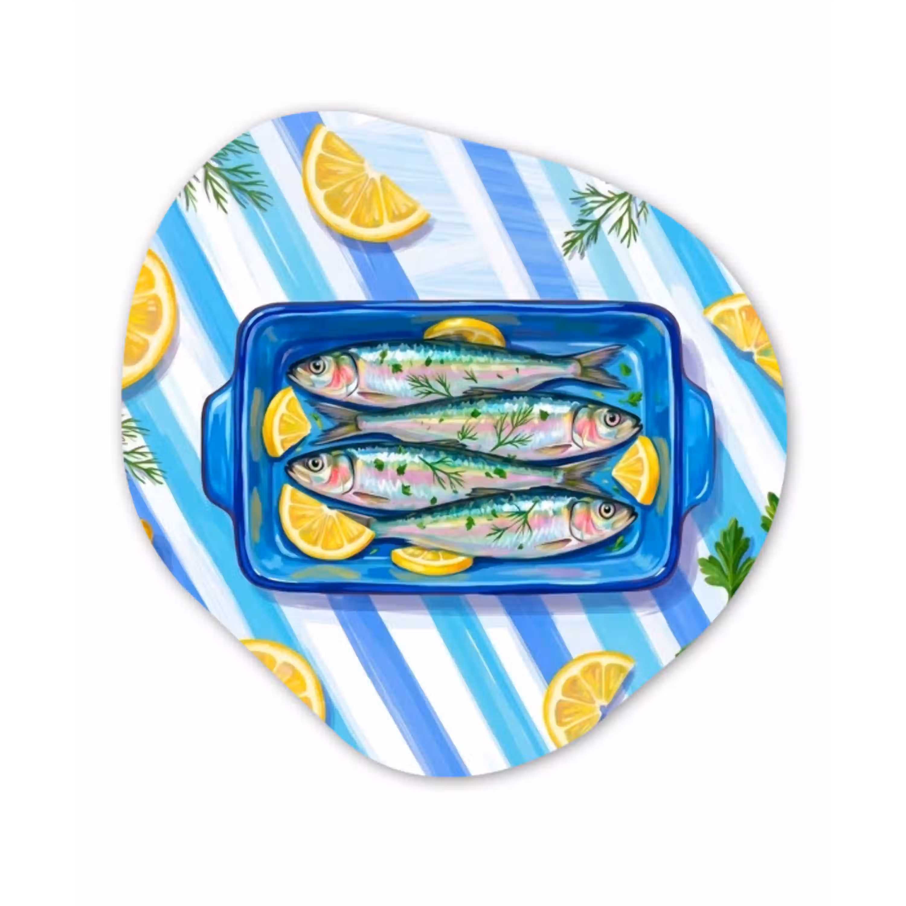 Vis - Citroen - Kruiden - Eten - Blauw Wandcirkel Organisch Aluminium middel -3d