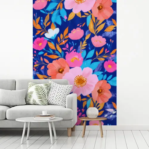 Bloemen - Blauw - Roze fotobehang vinyl groot -woonkamer