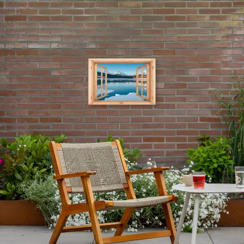 Doorkijk - Landschap - Winter - Meer - Bergen - Uitzicht Tuinposter op houten frame 2 cm dik klein -sfeer3