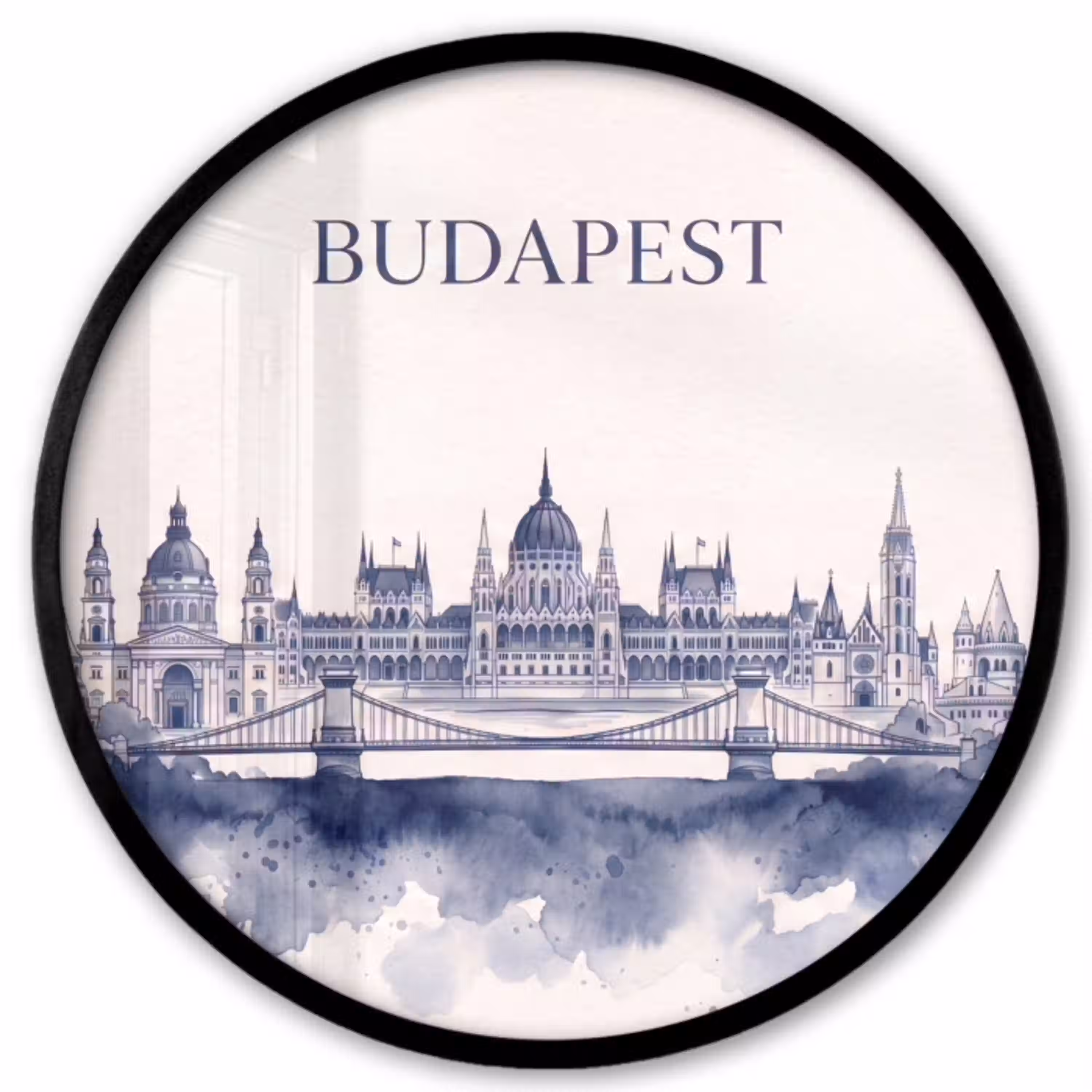 Boedapest - Skyline - Architectuur - Aquarel - Blauw Fotolijst rond zonder passe partout klein -3d