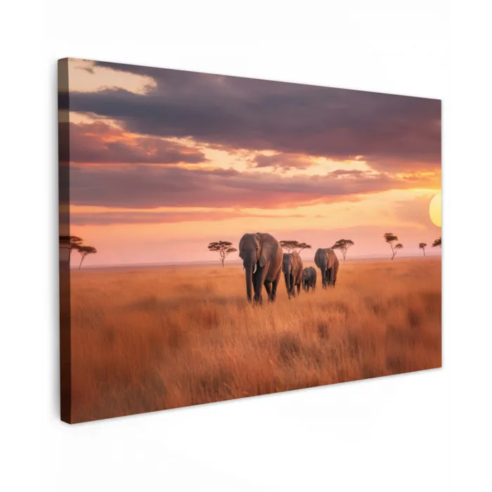 Groep olifanten - Open vlakte - Zon canvas 2cm klein -z3d