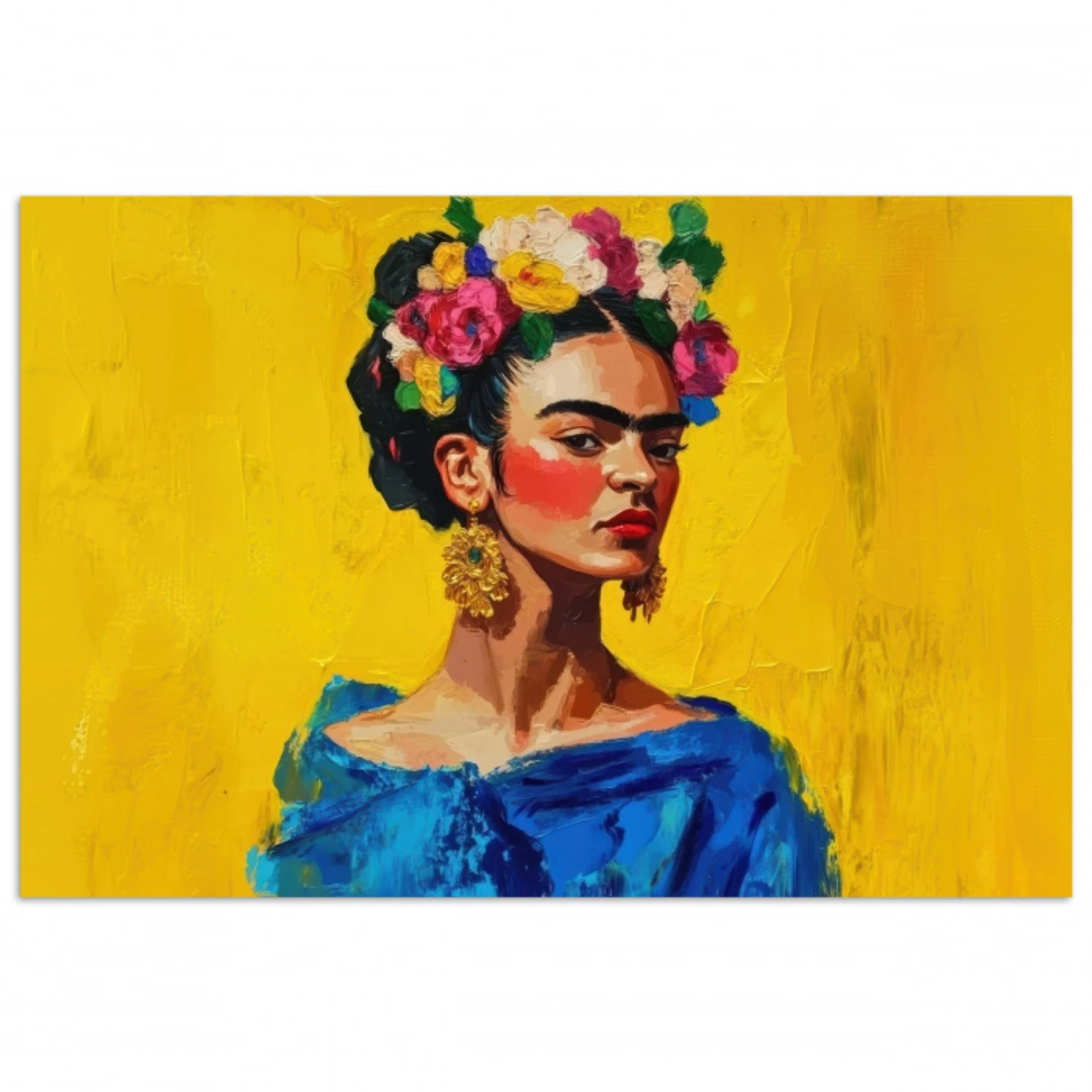 Frida Kahlo - Vrouw - Geel - Blauw - Bloemen poster papier klein -3d