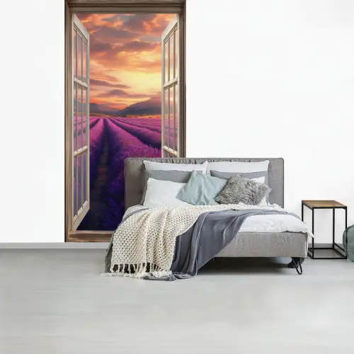 Doorkijk - Lavendel - Landschap - Bloemen - Paars fotobehang vinyl groot -slaapkamer