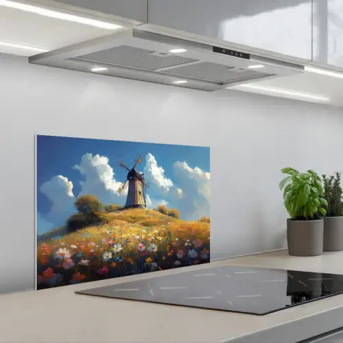 Windmolen - Heuvel - Bloemen - Kleurrijk keuken achterwand spatscherm klein -3d_schuin