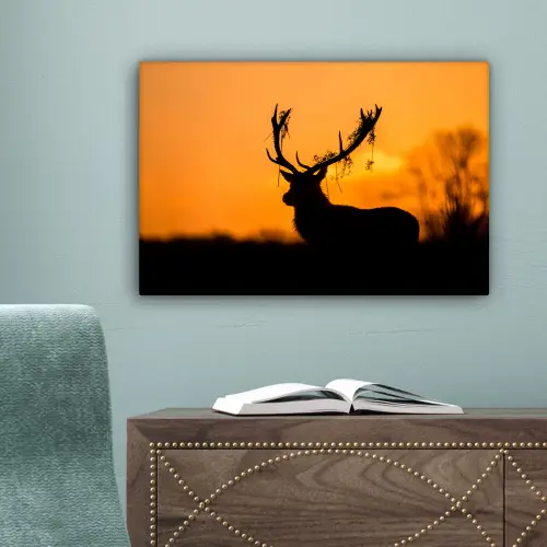 Hert - Oranje - Silhouet - Dieren - Natuur canvas 2cm klein -sfeer4
