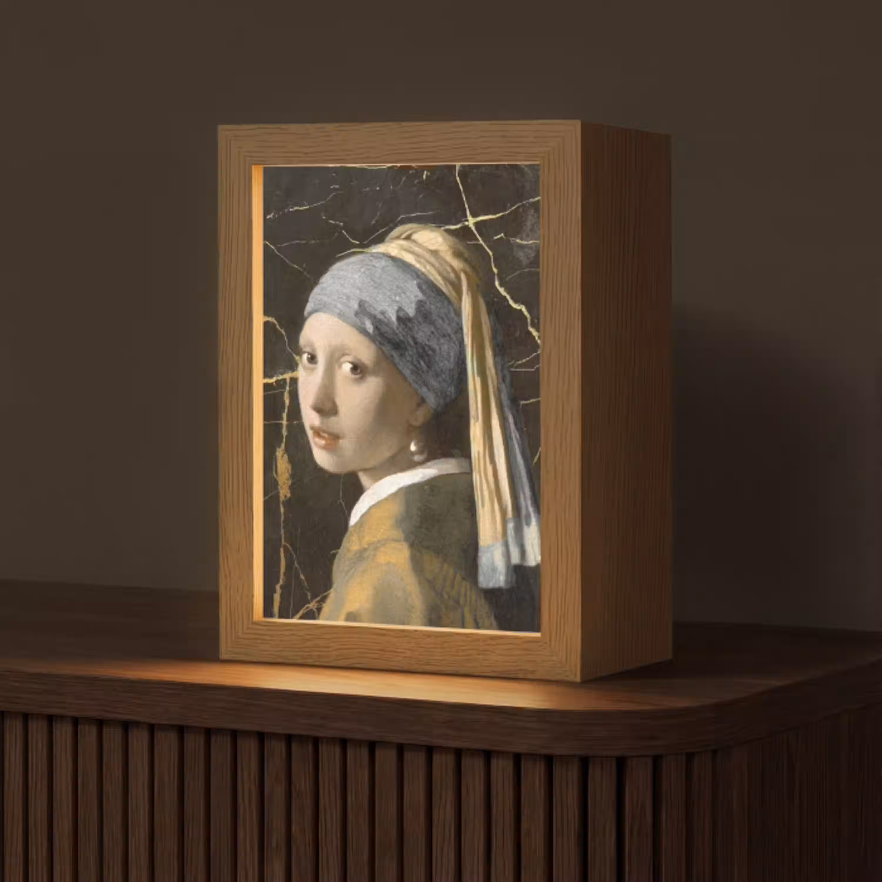 Meisje met de parel - Johannes Vermeer - Goud Light Box met kabel (Tafellamp) klein -z3d_website