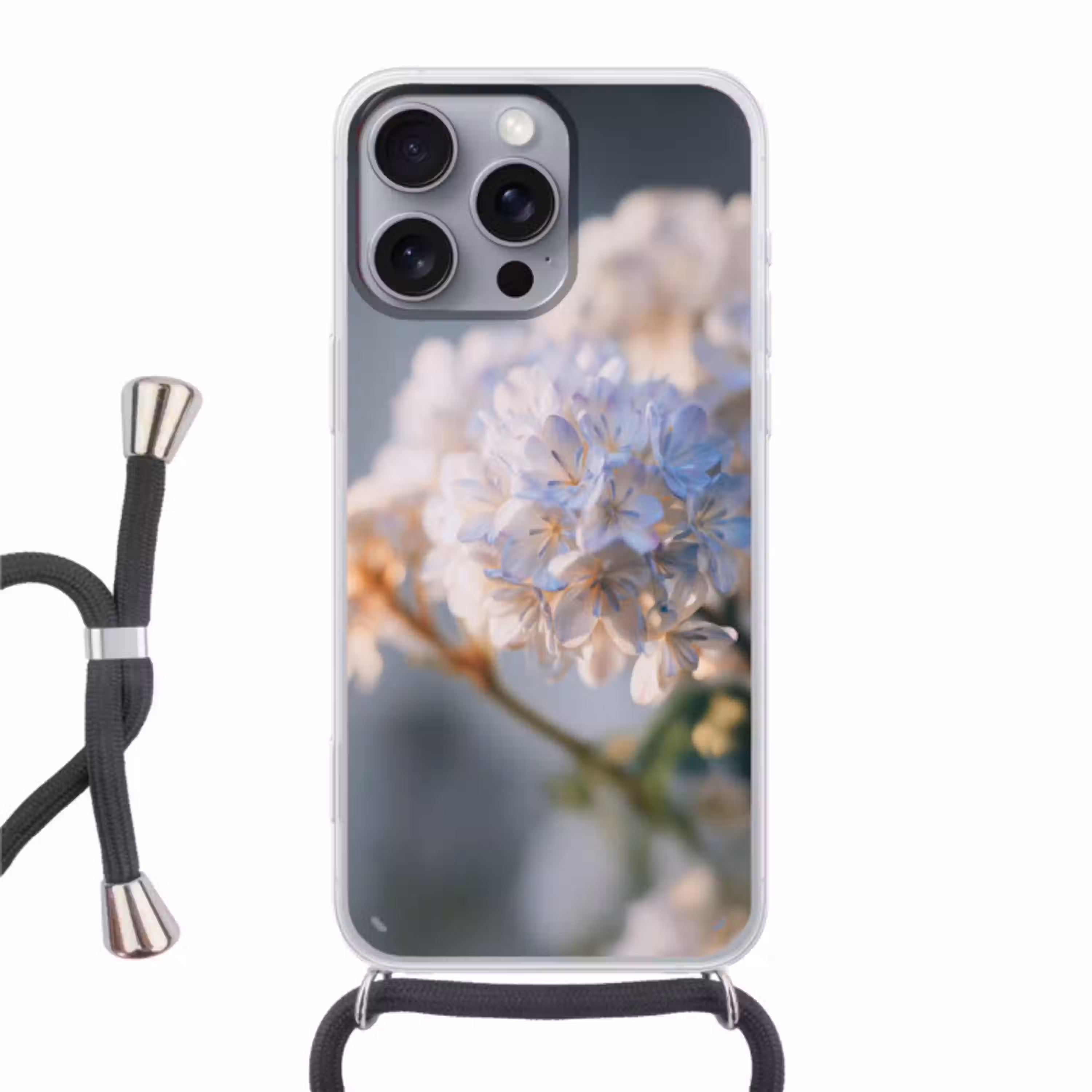 Bloemen - Lichtblauw - Wazig - Trosje Hoesje iPhone 16 Pro Max met koord klein -3d