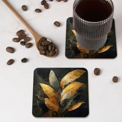Gouden Bladcompositie – Botanische Luxe onderzetter kurk middel -sfeer2