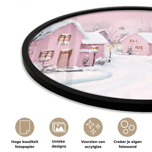 Kerstdorp - Roze - Winter - Sneeuw - Huizen Fotolijst rond zonder passe partout klein -closeup_NL