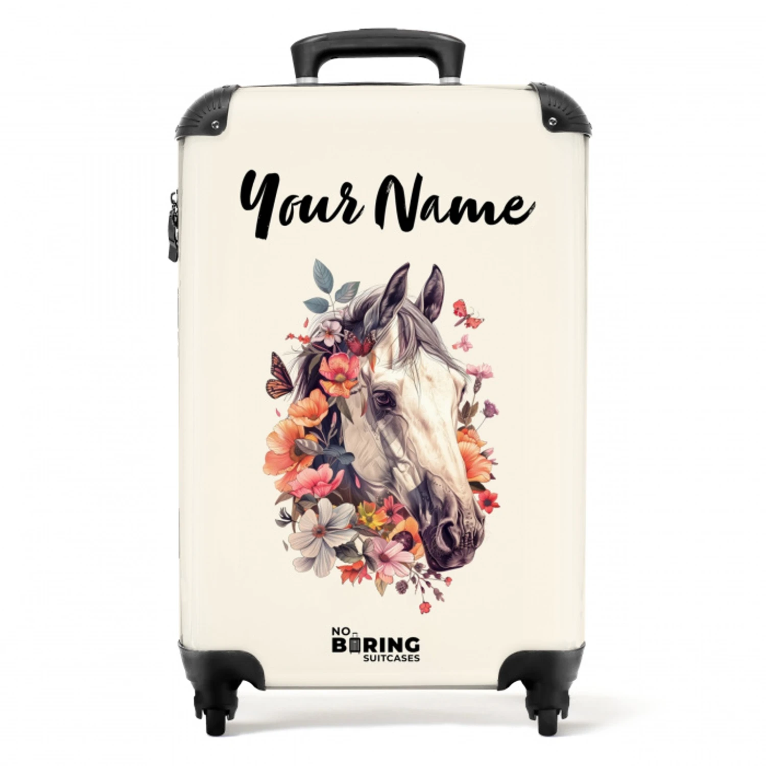 Wit paardenhoofd omringd door bloemen en vlinders NBS - Handbagage koffer - Kinderen Unisex middel -productfoto_recht