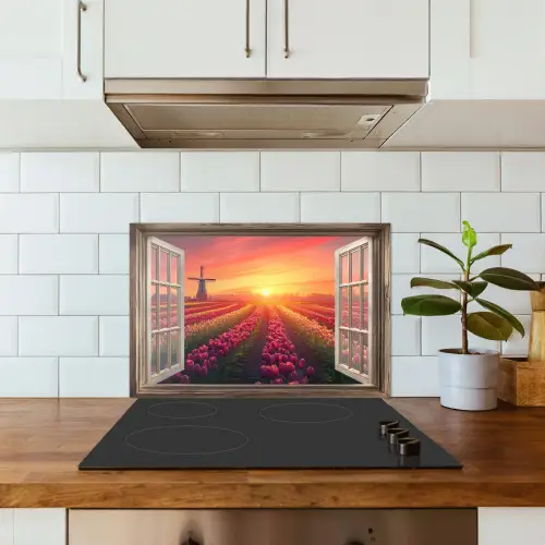 Doorkijk - Tulpen - Zonsondergang - Bloemen - Kleurrijk keuken achterwand spatscherm klein -sfeer2