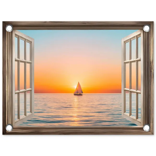 Doorkijk - Zee - Boot - Zonsondergang tuinposter los doek klein -3d