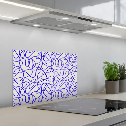 Patronen - Beige - Blauw - Lijnen keuken achterwand spatscherm klein 900 -3d_schuin