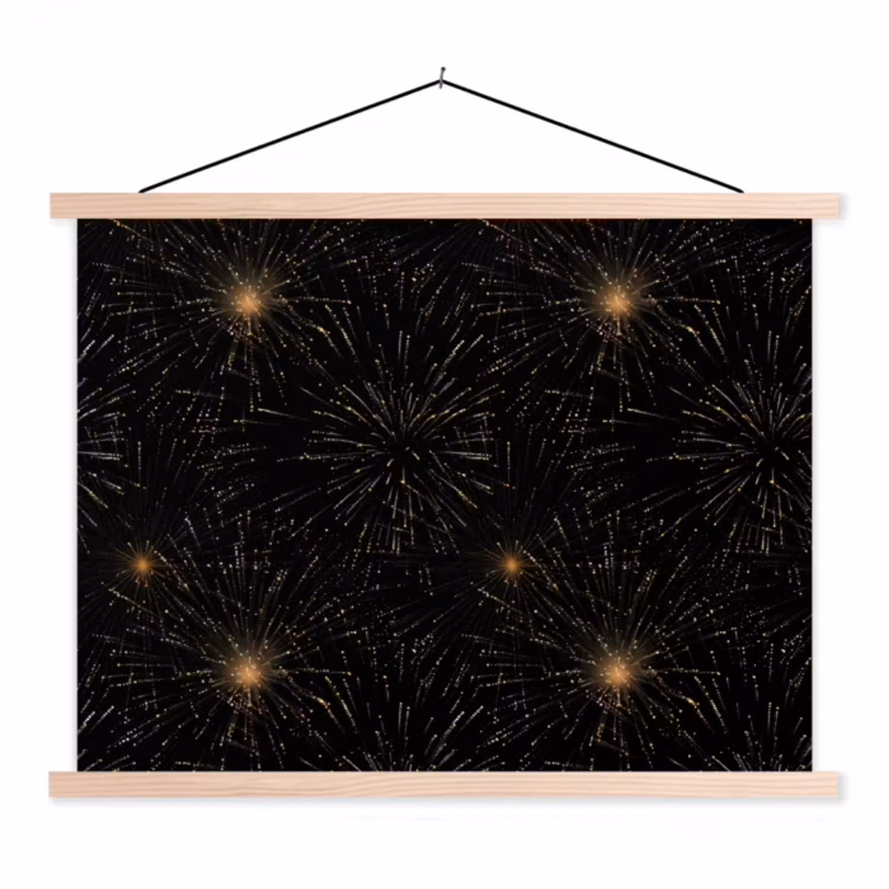 Vuurwerk - Patroon - Feestelijk - Goud - Zwart textielposter latten blank klein 122 -3d