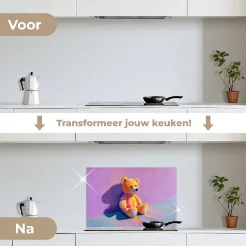 Teddybeer - Schaduw - Penseelstreken - Paars keuken achterwand spatscherm klein -voor_na_NL