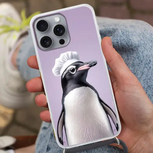 Pinguïn - Koksmuts - Lief - Paars Hoesje iPhone 16 Pro Max met koord klein -sfeer3