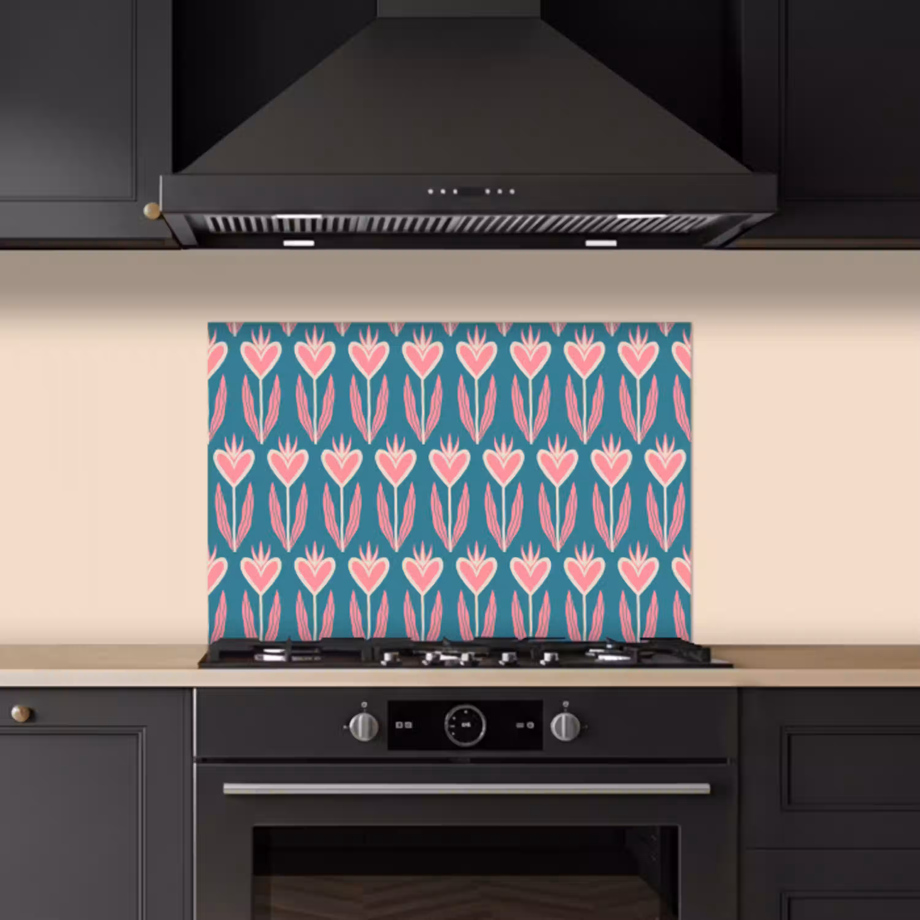 Blauw - Retro - Patroon - Hartjes keuken achterwand spatscherm klein 900 -sfeer1