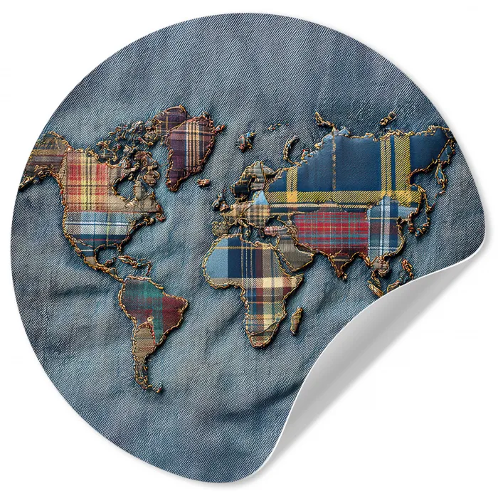 Wereldkaart - Denim - Textiel Wandcirkel behangsticker klein -3d