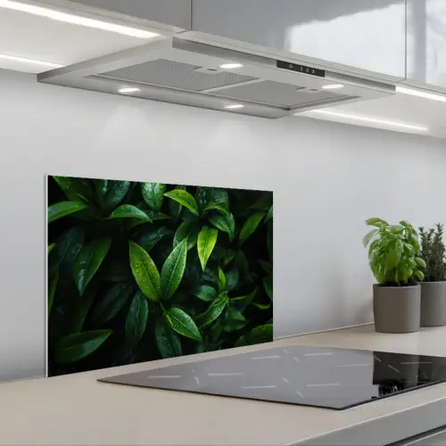 Bladeren - Regendruppels - Licht - Groen keuken achterwand spatscherm klein -3d_schuin